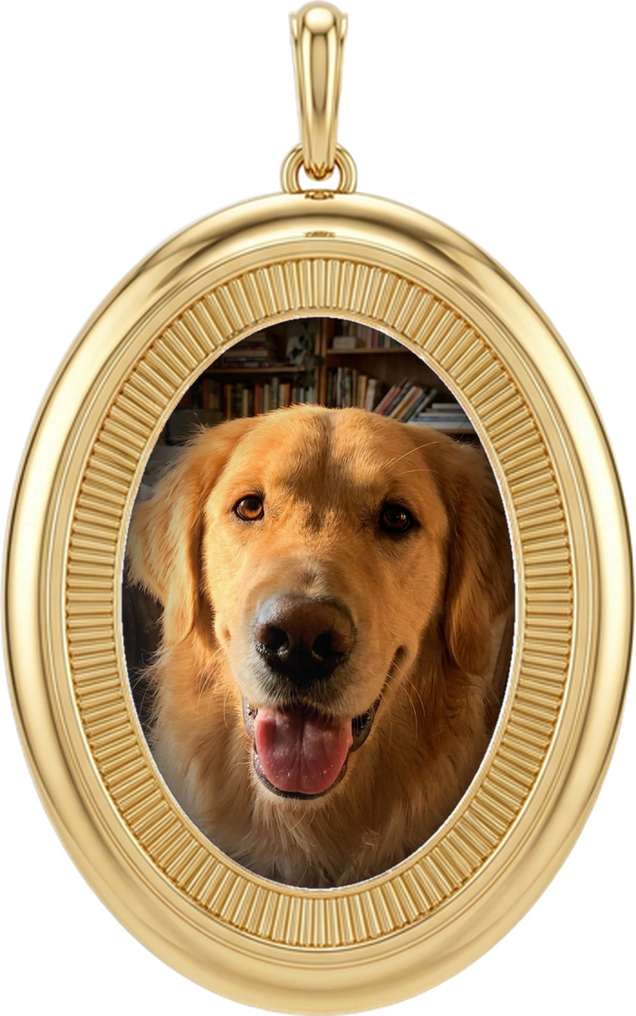 A golden retriever set into a gold locket charm